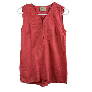 New 100% Linen Elie Tahari Coral Embroidered Blouse XS Sleeveless Cottage Beach
